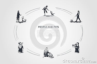 People and pets - people with their dogs, parrot, fish and lizzard vector concept set Vector Illustration