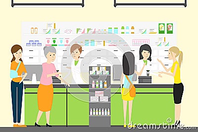 People in pharmacy store. Vector Illustration