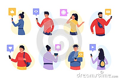 People phone communication. Cartoon characters sending messages likes and smiles in social media network. Vector Vector Illustration