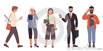 People with phone set, man woman of different profession holding cellphone to talk Vector Illustration