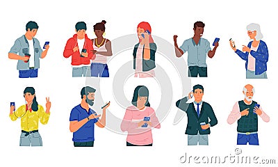 People with phones. Cartoon happy and disappointed men and women with mobile phones, exchange messages and talking Stock Photo
