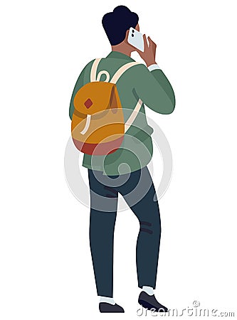 People with phones. Man talking on phone, young boy with backpack back view, social communication, using gadget and Vector Illustration