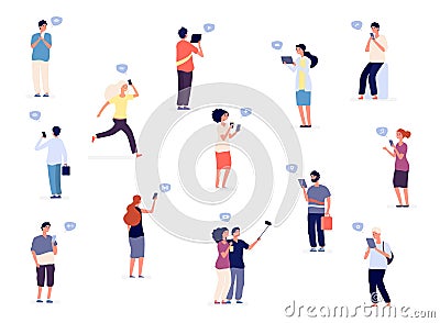 People with phones. Vector flat characters, group of people, teenagers with gadgets Vector Illustration