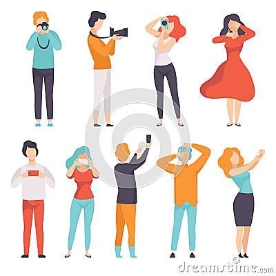 People photographing set, young men and women taking photos with cameras vector Illustration on a white background Vector Illustration