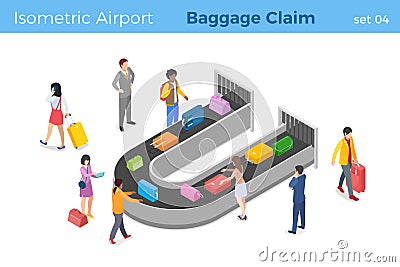 People pick up luggage in Airport Baggage Claim area from Conveyor Belt isometric vector illustration Vector Illustration