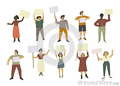 People with picket signs. The strikers held placards. Malcontented men and women Vector Illustration