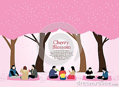 People picnic cherry blossom, hanami festival. Vector Illustration
