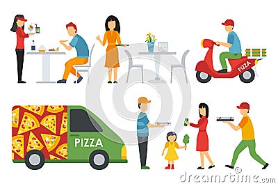 People in a Pizzeria Bistro interior flat icons set. Pizza concept web vector illustration. Vector Illustration