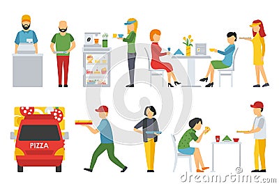 People in a Pizzeria interior flat icons set. Deliveryman, Customers, Bistro, Waiters, Delivery, Car. Pizza concept web Vector Illustration