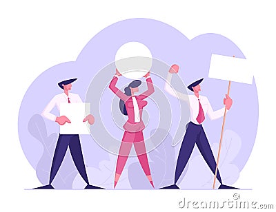 People with Placards on Demonstration, Strike, Holiday Celebration, Festivity, Male Female Characters Holding Empty Vote Vector Illustration