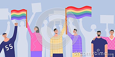 People placards posters with lgbt rainbow transgender flag, pride month, parade against violence, descrimination, human Stock Photo