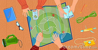 People planning travel concept vector illustration, top closeup view of cartoon flat traveler hands pointing on map Vector Illustration