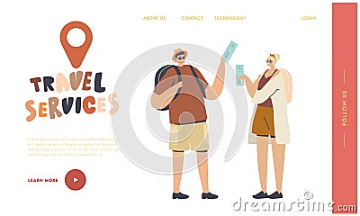 People Planning Travel Tour with Operator Service Landing Page Template. Characters with Backpacks Hold Tickets with GPS Vector Illustration