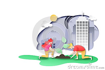 People plant tree at city with factory and pollution Vector Illustration