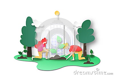 People plant tree at city to green world Vector Illustration