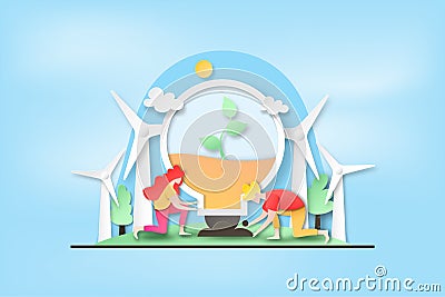 People plant tree in light bulb and clean energy Vector Illustration