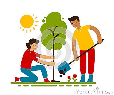 People plant trees in flat cartoon style. Saving environment, care for ecology of nature Vector Illustration