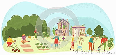 People planting garden plants and agriculture farming flat vector illustration, gardeners care for fruit trees Vector Illustration
