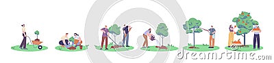 People planting and growth tree. Garden improvement, grow fruit plant in collaboration. Eco gardening, volunteer Vector Illustration