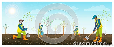 People planting trees in brown fertile soil. horizontal vector flat illustration. teenagers or volunteers is seeding and watering Cartoon Illustration