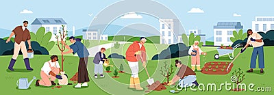 People planting trees in city park, garden, farm. Eco volunteers team, happy adults and kids work outside in nature Vector Illustration