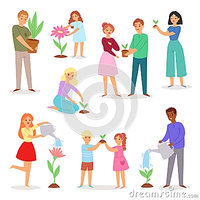 People planting vector man woman kids character gardening plant tree flower illustration environmental ecology set of Vector Illustration