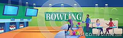 People play bowling game vector illustration, cartoon flat active friend gamer characters playing in bowling alley Vector Illustration