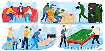 People play games, leisure and fun playtime activity, enterterment with paintball game, billiards, bowling set of vector Vector Illustration