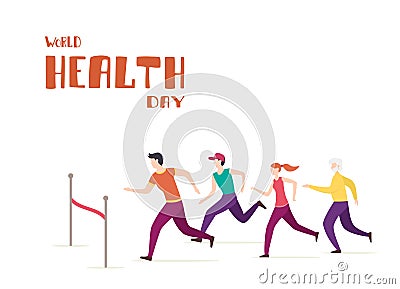 Running People and Lettering World Health Day on White Background Vector Illustration