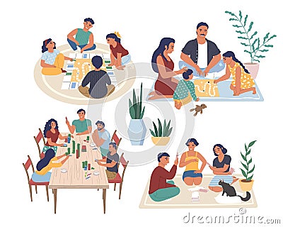People playing board games, vector illustration. Families, friends sitting at table, on the floor spending time together Vector Illustration