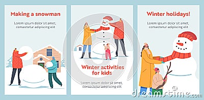 People Playing on Christmas Holidays. Happy Family Parents with Kids Making Funny Snowman on Snowy Landscape Background Vector Illustration