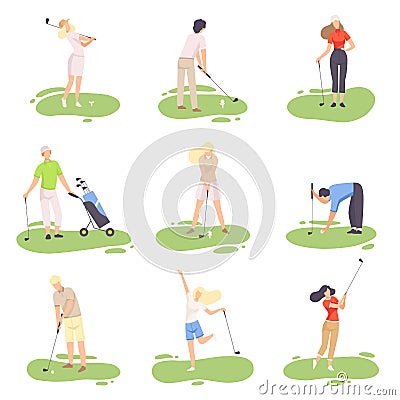 People Playing Golf Set, amdn and Woman Golfer Players Training with Golf Clubs on Course, Outdoor Sport or Hobby Vector Vector Illustration