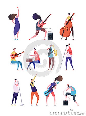 People playing music. Musicians performing rock music singers with microphone guitarist and drummer. Music band flat Vector Illustration