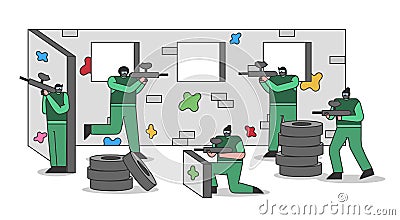 People playing paintball game. Cartoon characters in uniform hold guns and attack enemy shooting Vector Illustration