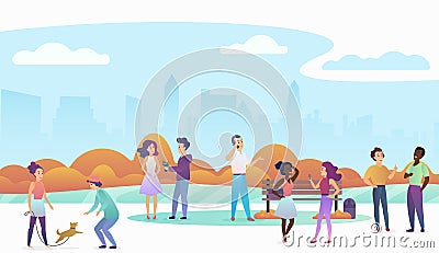 People playing with pets, talking and walking in a beautiful urban public park with modern city skyline on the Vector Illustration