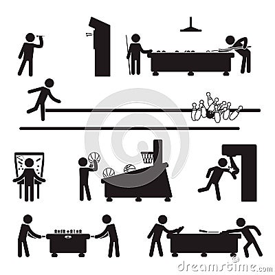 People playing various games including darts, billiard, bowling and others Vector Illustration