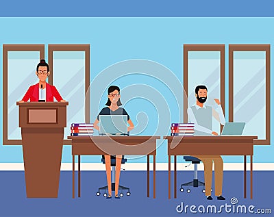 People in podium and desk Vector Illustration