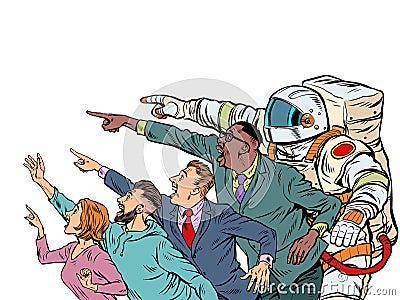 People point with their hand. Template advertising announcement news sale. Businessman woman man astronaut Pop art style Vector Illustration