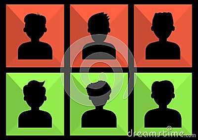 People portrait. Social network people colored icon. Set of men avatars, anonymous, black silhouettes. Vector Cartoon Illustration