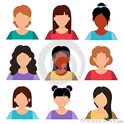 People portraits of faceless females, women face avatars , flat vector illustration Vector Illustration