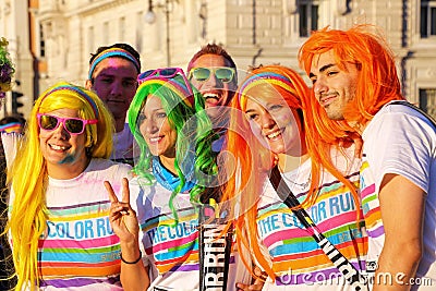 People posing for photos during The Color Run in Trieste, Italy. Editorial Stock Photo