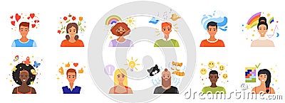 People with positive thinking and feeling set, man and woman with different emotions Vector Illustration