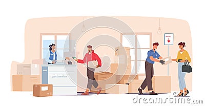 People In Post Office, Postal Service Concept. Send Parcels, Throw Letter In Mail Box, Characters In Department Vector Illustration