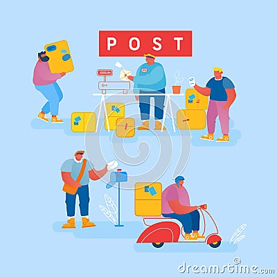 People in Post Office Send Letters and Parcels. Postmen Deliver Mail and Packages to Customers. Mail Delivery Service Vector Illustration