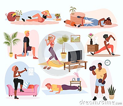 People practice sports exercises at home set, young male and female characters training Vector Illustration