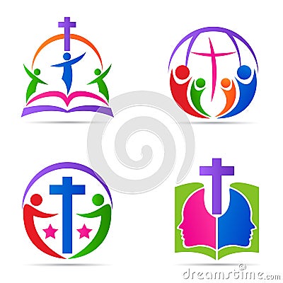 People cross logo bible family church religion symbol vector icon design. Vector Illustration