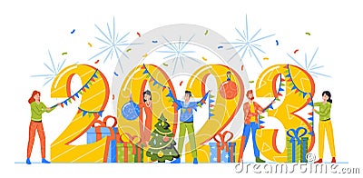 People Prepare for Celebration New Year Decorate Huge Numbers 2023 with Garlands, Festive Tinsel, Gift Boxes Vector Illustration