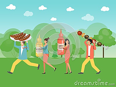 People preparing barbecue. BBQ party concept. People grilling meat on backyard vector illustration. Tiny people carrying Vector Illustration