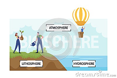 People Presenting Biosphere Infographics. Earth Atmosphere, Lithosphere and Hydrospehre. Tiny Characters Watering Plants Vector Illustration