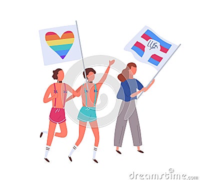 People on pride parade holding rainbow and transgender flags isolated on white background. Lgbtq activists in funny Vector Illustration